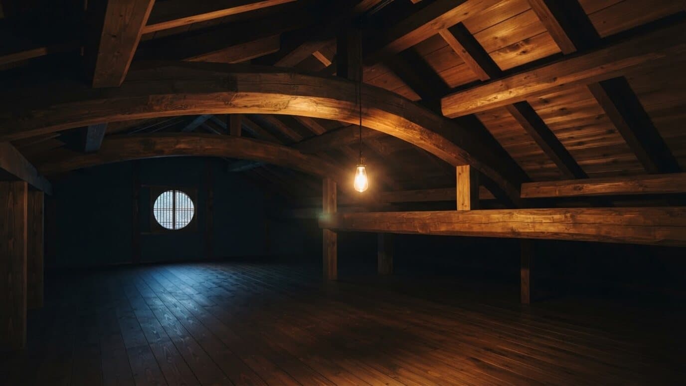 夜の屋根裏の梁を、裸電球がやさしく照らしている様子
